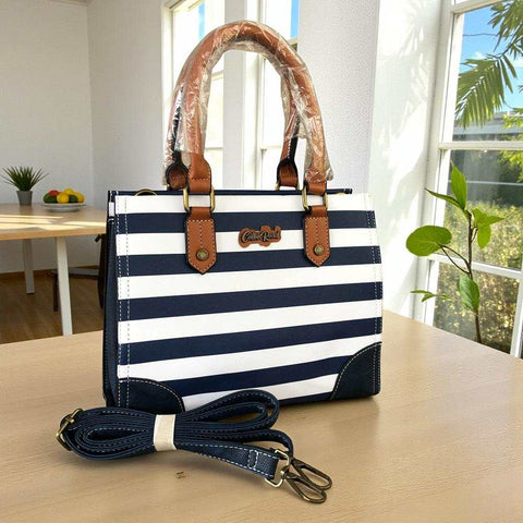 Cotton Road Handbag: NAVY and WHITE STRIPED PVC with TAN Handles