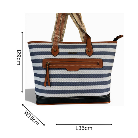 Cotton Road Handbag: Navy Blue & White PVC Stripes with Tan Trim | Stylish