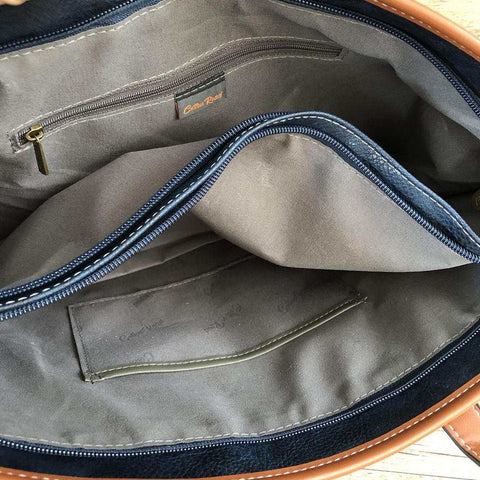 Cotton Road Handbag: Navy Blue & White PVC Stripes with Tan Trim | Stylish