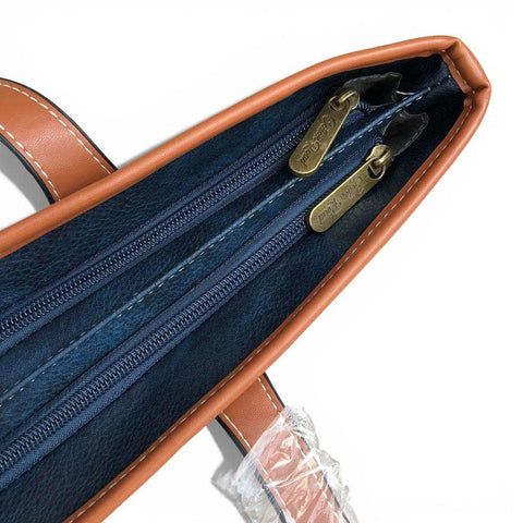 Cotton Road Handbag: Navy Blue & White PVC Stripes with Tan Trim | Stylish