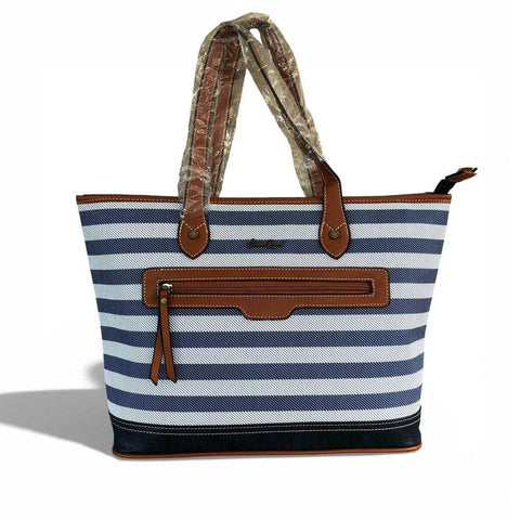 Cotton Road Handbag: Navy Blue & White PVC Stripes with Tan Trim | Stylish