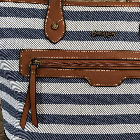 Cotton Road Handbag: Navy Blue & White PVC Stripes with Tan Trim | Stylish