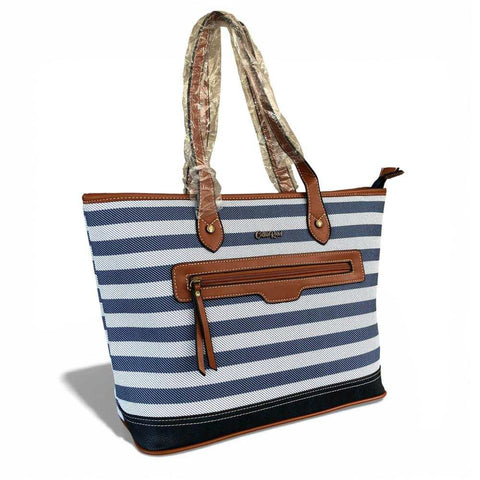 Cotton Road Handbag: Navy Blue & White PVC Stripes with Tan Trim | Stylish