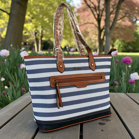 Cotton Road Handbag: Navy Blue & White PVC Stripes with Tan Trim | Stylish