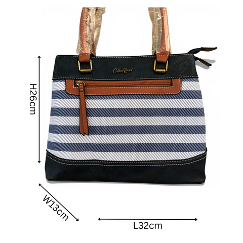 Cotton Road Handbag: Navy & White Striped PVC with PU Leather Trim