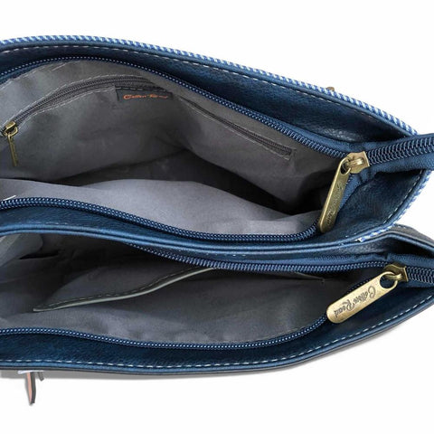 Cotton Road Handbag: Navy & White Striped PVC with PU Leather Trim
