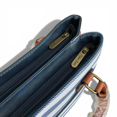 Cotton Road Handbag: Navy & White Striped PVC with PU Leather Trim