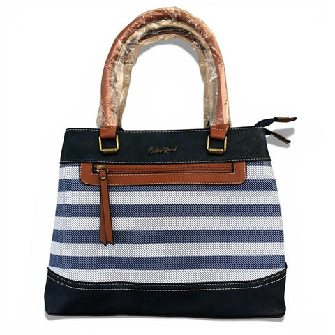 Cotton Road Handbag: Navy & White Striped PVC with PU Leather Trim