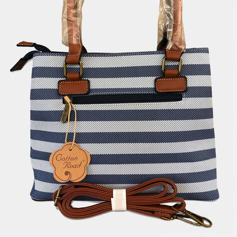 Cotton Road Handbag: Navy & White Striped PVC with PU Leather Trim