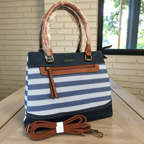 Cotton Road Handbag: Navy & White Striped PVC with PU Leather Trim