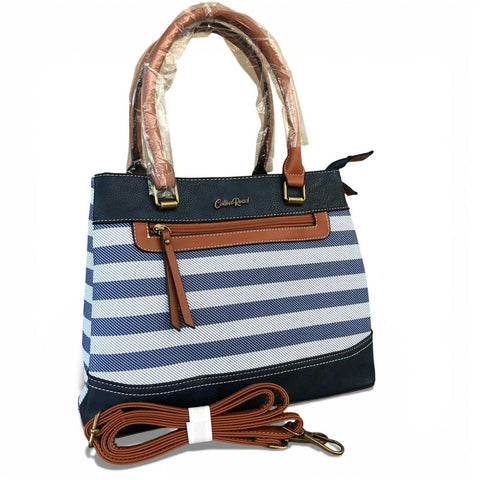 Cotton Road Handbag: Navy & White Striped with Tan Trim