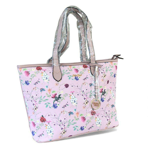 Cotton Road Handbag: PINK PU LEATHER with FLORAL Panel