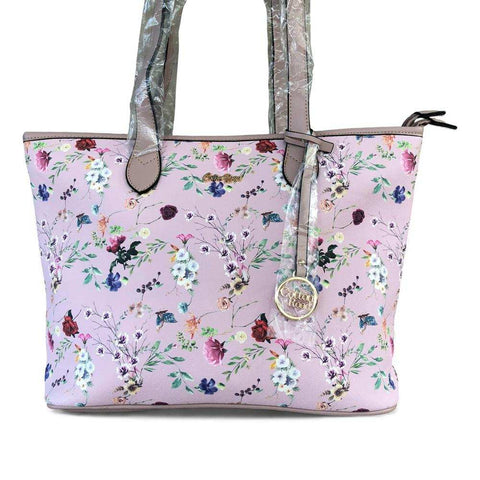 Cotton Road Handbag: PINK PU LEATHER with FLORAL Panel
