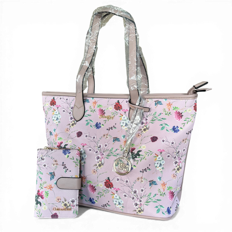 Cotton Road Handbag: PINK PU LEATHER with FLORAL Panel and Matching Wallet