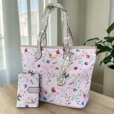 Cotton Road Handbag: PINK PU LEATHER with FLORAL Panel and Matching Wallet