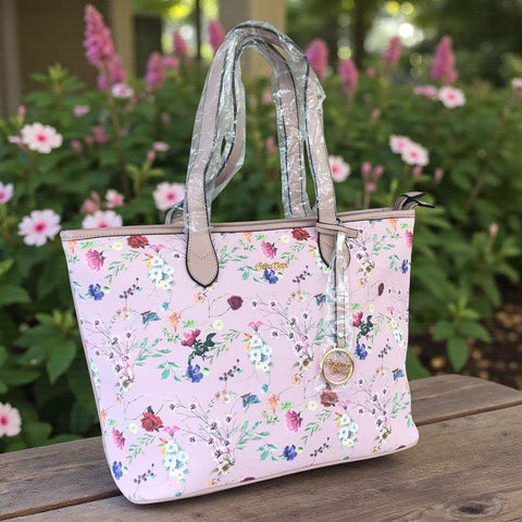 Cotton Road Handbag: PINK PU LEATHER with FLORAL Panel
