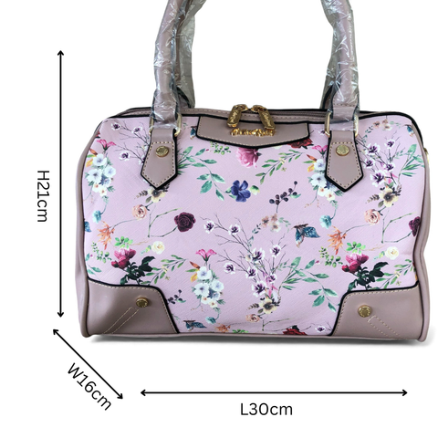 Cotton Road Handbag: PINK PU Leather Barrel Bag with FLORAL Panel