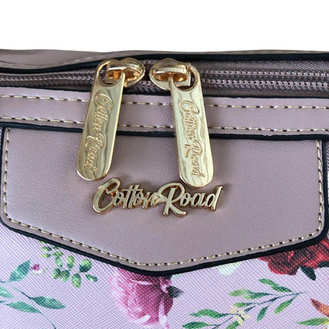 Cotton Road Handbag: PINK PU Leather Barrel Bag with FLORAL Panel