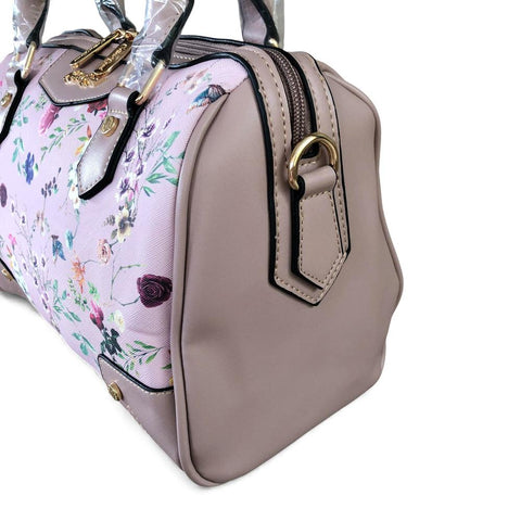 Cotton Road Handbag: PINK PU Leather Barrel Bag with FLORAL Panel