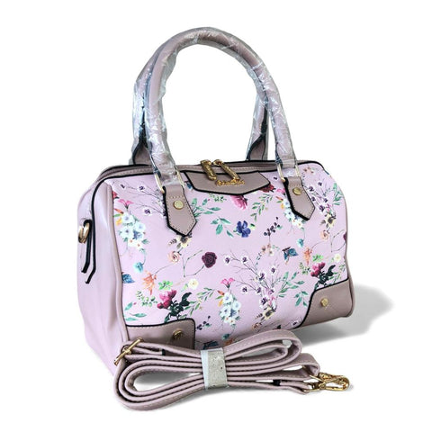 Cotton Road Handbag: PINK PU Leather Barrel Bag with FLORAL Panel