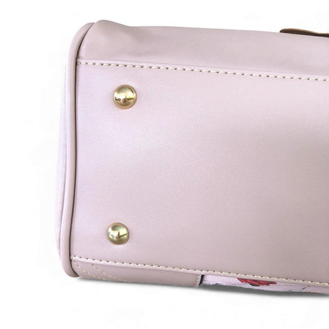 Cotton Road Handbag: PINK PU Leather Barrel Bag with FLORAL Panel