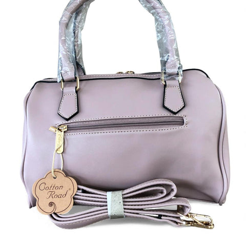 Cotton Road Handbag: PINK PU Leather Barrel Bag with FLORAL Panel