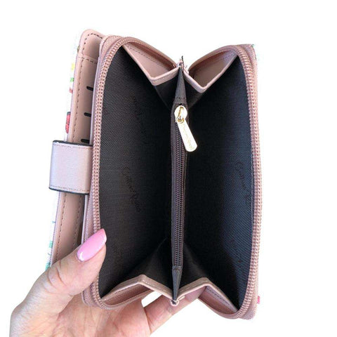 Cotton Road Handbag: PINK PU Leather Barrel Bag with FLORAL Panel with Matching Wallet
