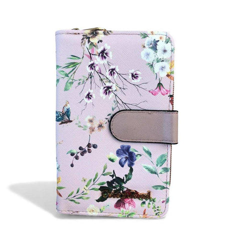 Cotton Road Handbag: PINK PU Leather Barrel Bag with FLORAL Panel with Matching Wallet