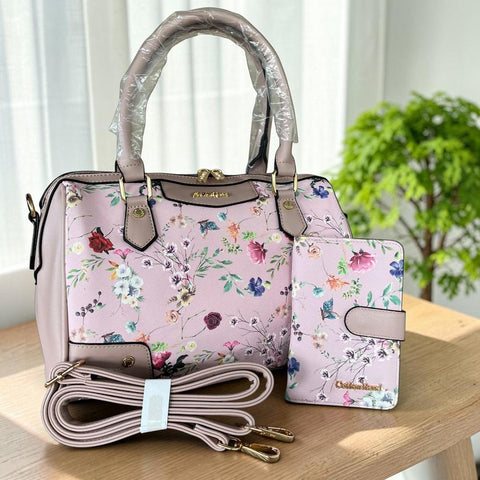 Cotton Road Handbag: PINK PU Leather Barrel Bag with FLORAL Panel with Matching Wallet