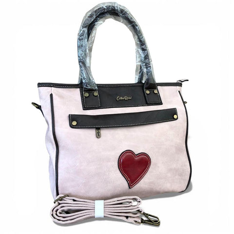 Cotton Road Handbag: PINK PU Leather Handbag with BROWN Trim