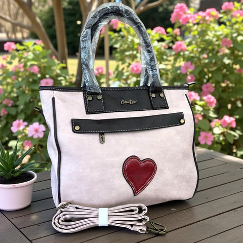 Cotton Road Handbag: PINK PU Leather Handbag with BROWN Trim