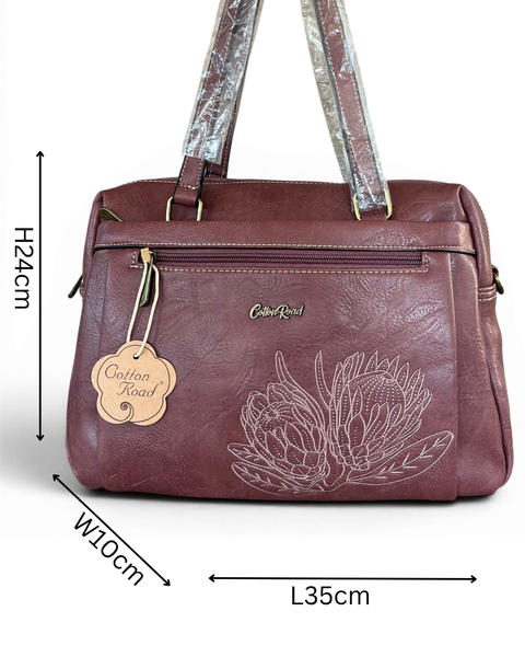 Cotton Road Handbag: PINK PU Leather Handbag with EMBROIDERED PROTEA Design