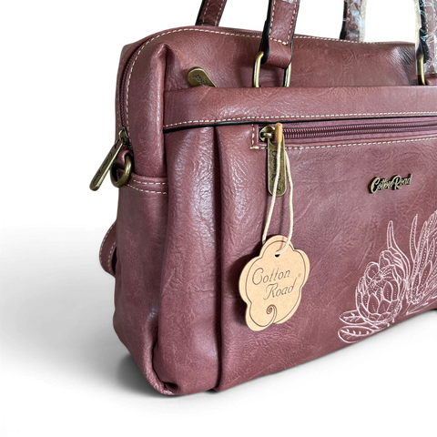 Cotton Road Handbag: PINK PU Leather Handbag with EMBROIDERED PROTEA Design