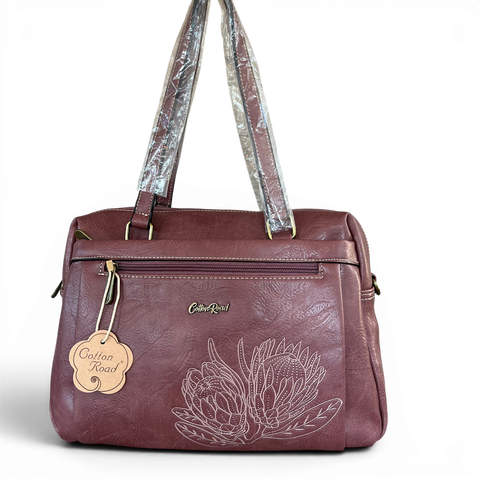 Cotton Road Handbag: PINK PU Leather Handbag with EMBROIDERED PROTEA Design
