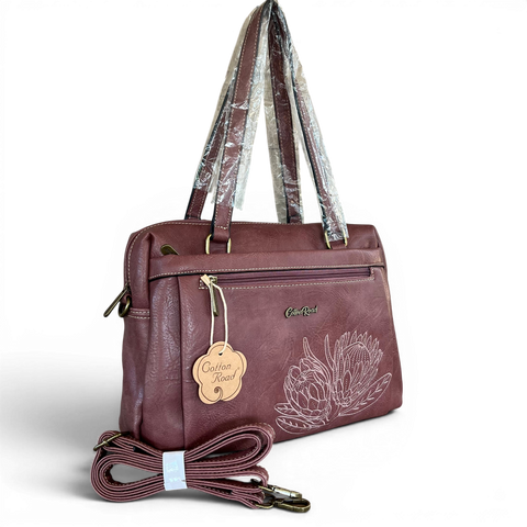 Cotton Road Handbag: PINK PU Leather Handbag with EMBROIDERED PROTEA Design