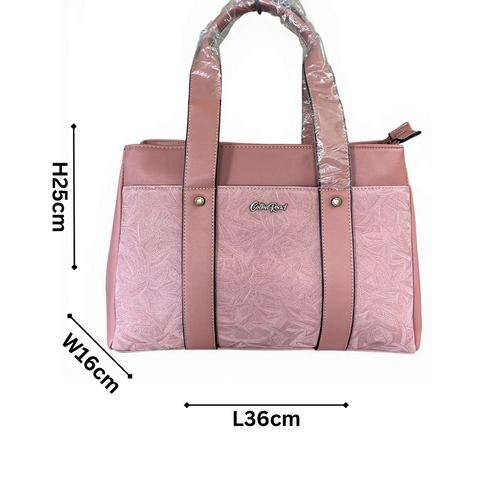 Cotton Road Handbag: PINK PU Leather with LEAF Design with Matching Wallet