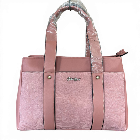 Cotton Road Handbag: PINK PU Leather with LEAF Design with Matching Wallet