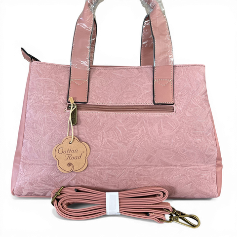 Cotton Road Handbag: PINK PU Leather with LEAF Design with Matching Wallet
