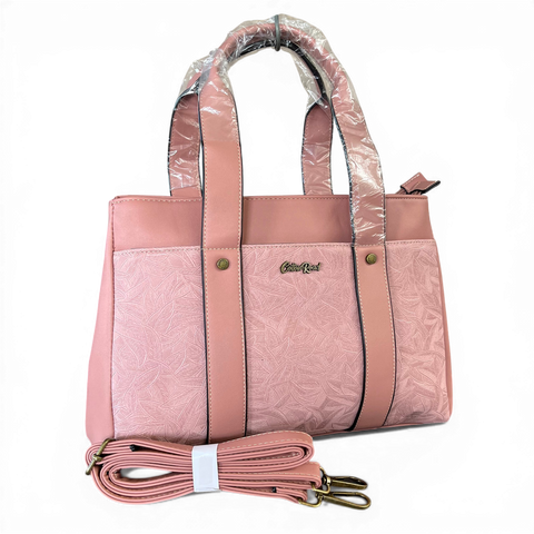 Cotton Road Handbag: PINK PU Leather with LEAF Design with Matching Wallet