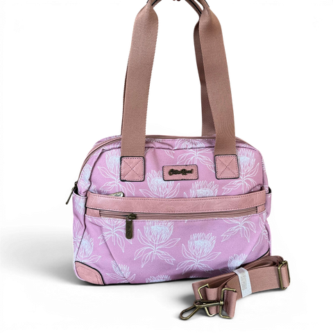 Cotton Road Handbag - Pink Canvas with Protea Print | Stylish & Functional