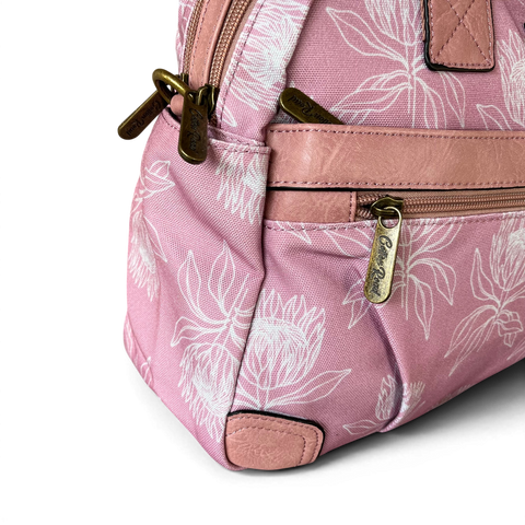 Cotton Road Handbag - Pink Canvas with Protea Print | Stylish & Functional