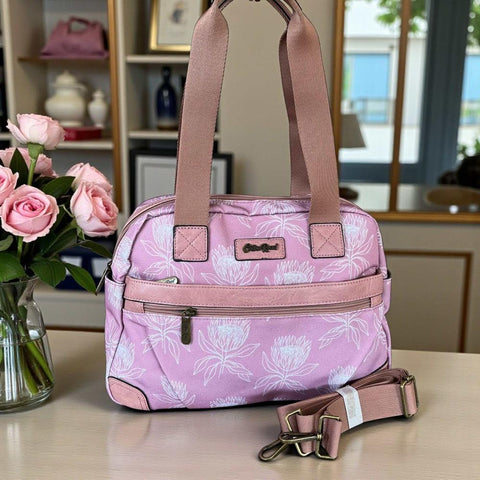 Cotton Road Handbag - Pink Canvas with Protea Print | Stylish & Functional