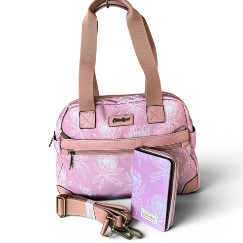 Cotton Road Handbag - Pink Canvas with Protea Print with Matching PVC wallet
