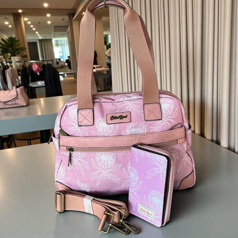 Cotton Road Handbag - Pink Canvas with Protea Print with Matching PVC wallet