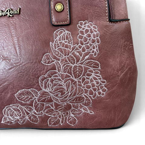 Cotton Road Handbag: Pink PU Leather Bag with Embroidery