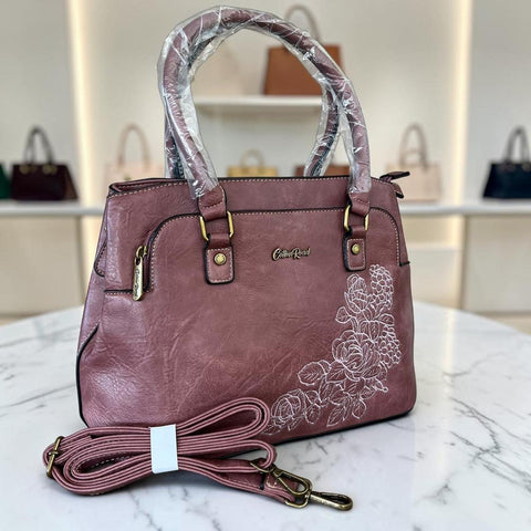 Cotton Road Handbag: Pink PU Leather Bag with Embroidery