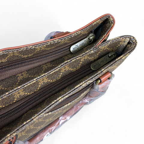 Cotton Road Handbag: Printed BROWN PU Leather Handbag with TAN Trim