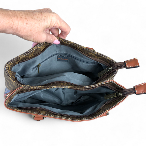 Cotton Road Handbag: Printed BROWN PU Leather Handbag with TAN Trim