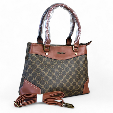 Cotton Road Handbag: Printed BROWN PU Leather Handbag with TAN Trim