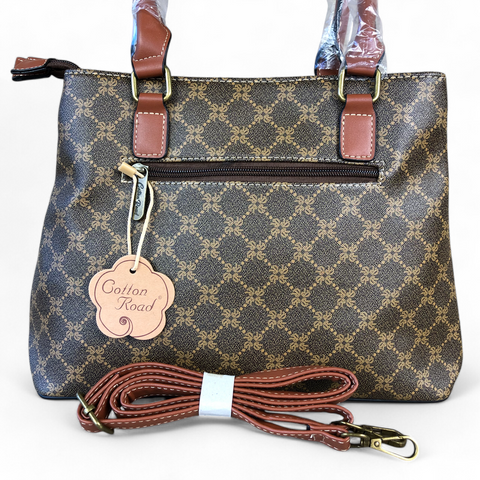 Cotton Road Handbag: Printed BROWN PU Leather Handbag with TAN Trim